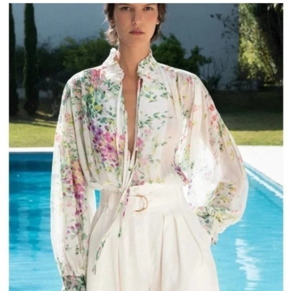 Sabina Musayev Blouse Bazooka Lace Up Long Sleeve in White Floral